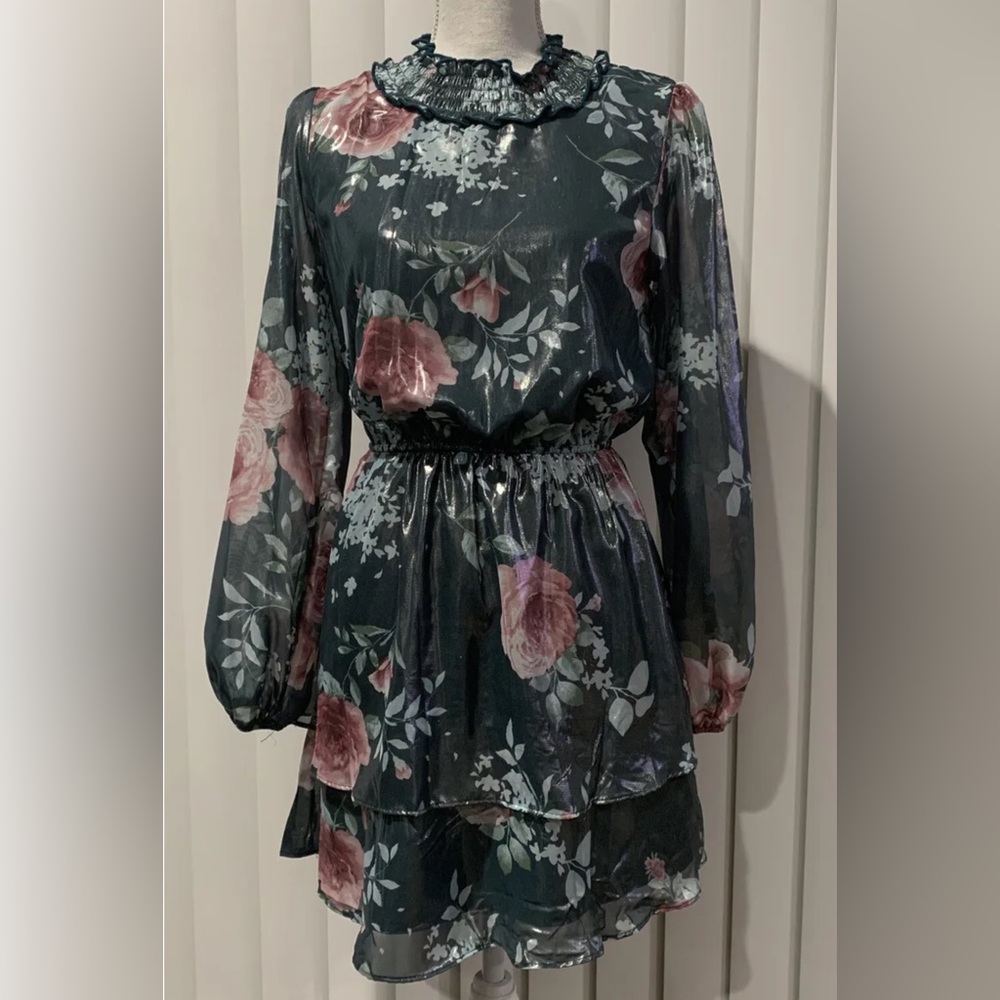 CRISTAL DOLL Green and Pink Floral Mini Dress Long Sleeve Junior NWOT